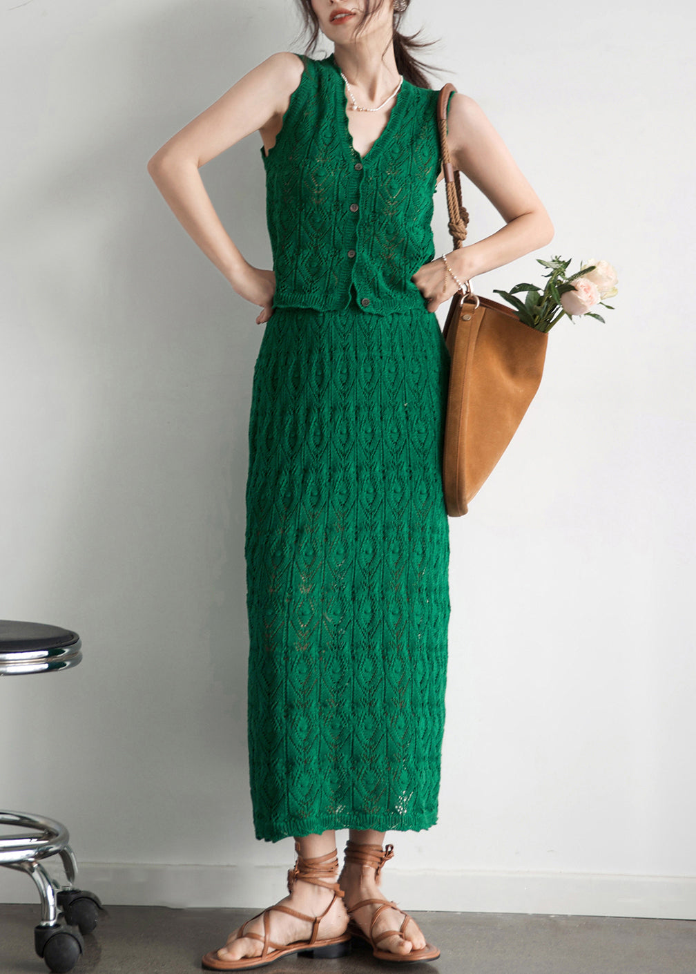 New Green Button Hollow Out Cotton Knit Two Pieces Set Sleeveless KK011