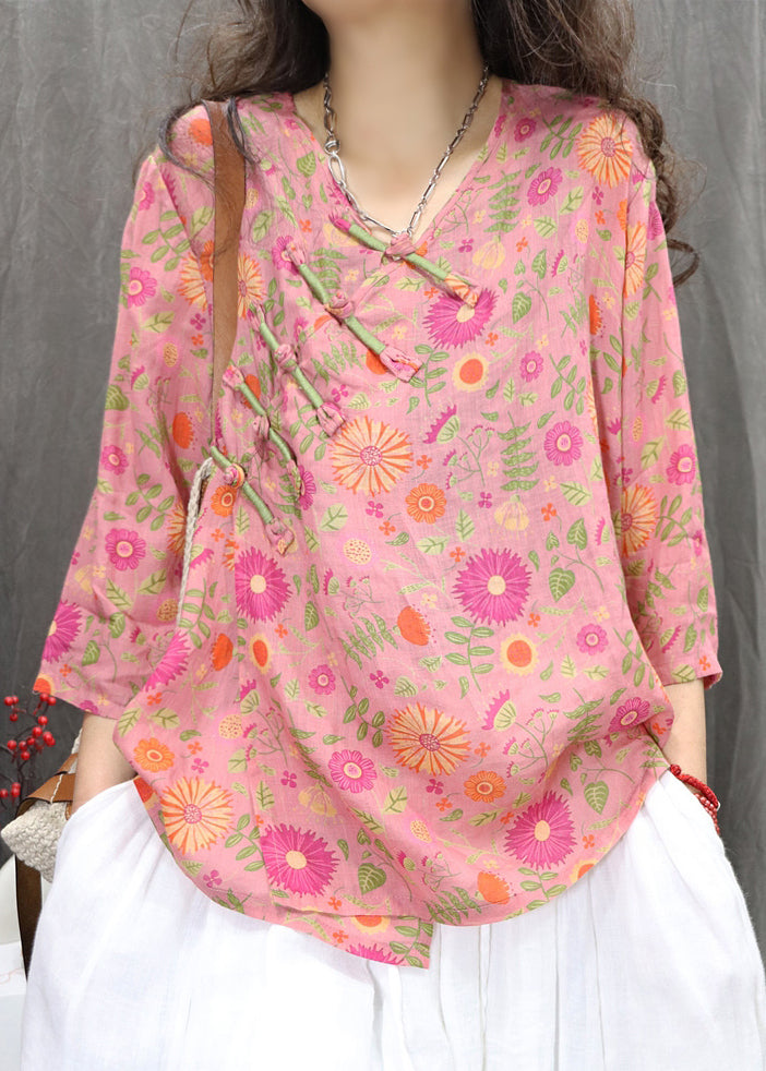 Green New Chinese Bracelet Print Button Linen Blouses Sleeve