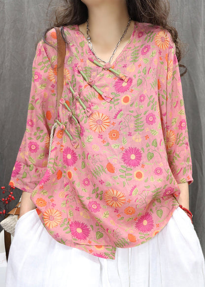 Green New Chinese Bracelet Print Button Linen Blouses Sleeve