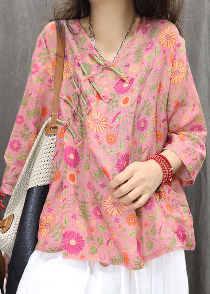 Linen Bracelet Blouses Button Sleeve Green New Print Chinese