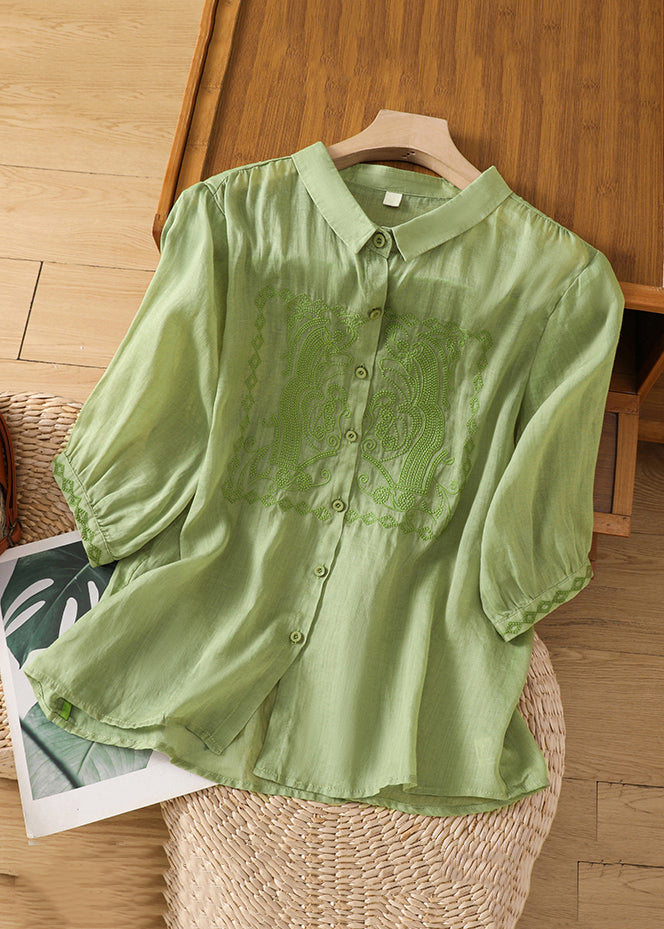 New Green Embroidered Button Linen Blouse Half Sleeve GG030