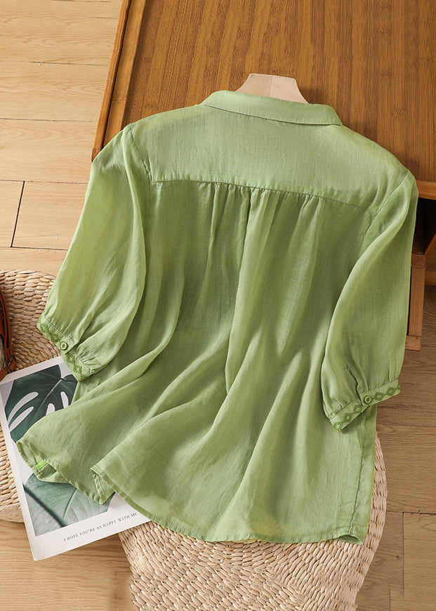 New Green Embroidered Button Linen Blouse Half Sleeve GG030