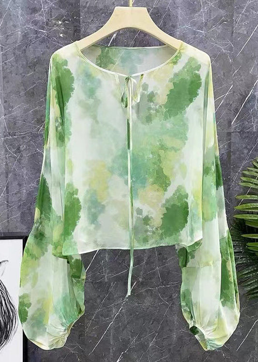 New Green Lace Up Print Chiffon Shirts Long Sleeve XX042