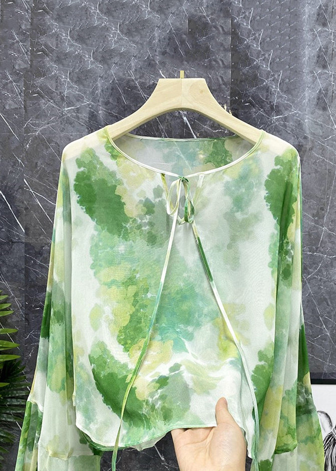 New Green Lace Up Print Chiffon Shirts Long Sleeve XX042