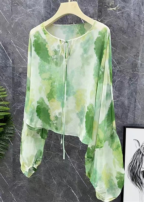 New Green Lace Up Print Chiffon Shirts Long Sleeve XX042