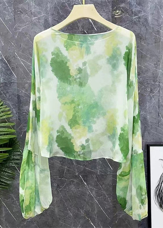 New Green Lace Up Print Chiffon Shirts Long Sleeve XX042