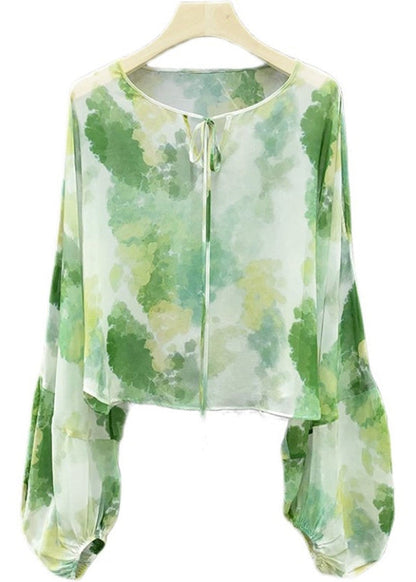 New Green Lace Up Print Chiffon Shirts Long Sleeve XX042