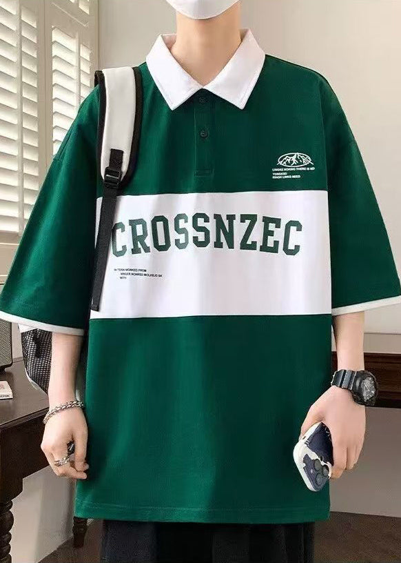 Sleeve New Green Cotton Letter Polo Half Shirt Men Patchwork
