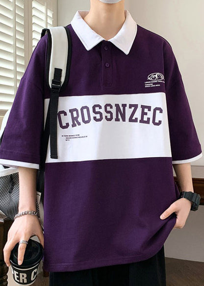 Sleeve New Green Cotton Letter Polo Half Shirt Men Patchwork