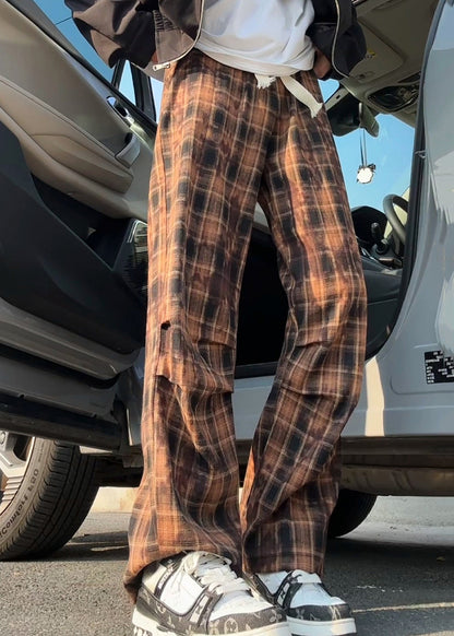 Green Cotton Summer Waist Mens Elastic Pants Plaid New