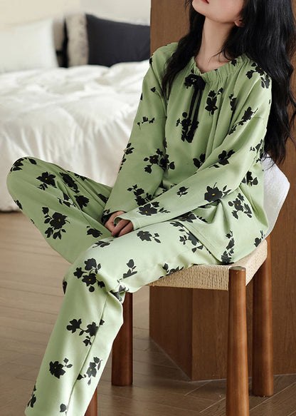 Waist Set Green Elastic Pieces New Fall Pajamas Print Two Cotton