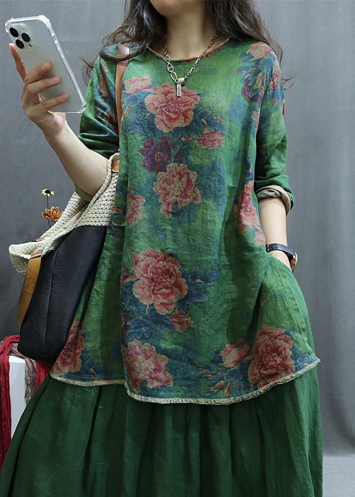 New Green Print Side Open Linen Blouse Spring GG055