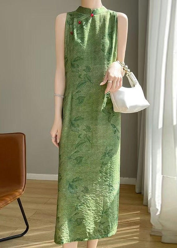 Open Print Silk Dress Long Sleeveless Cotton Side Green New