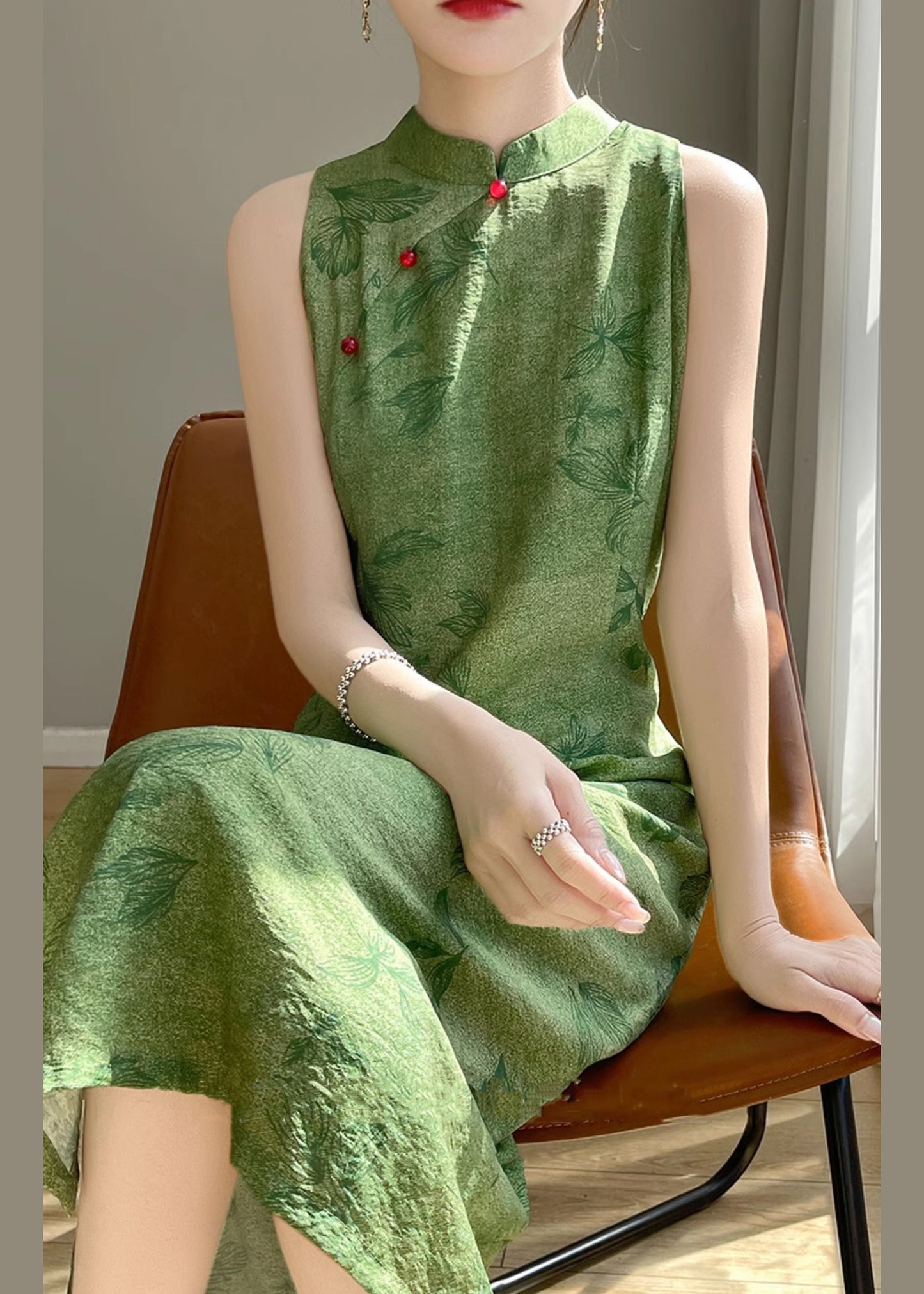 Open Print Silk Dress Long Sleeveless Cotton Side Green New