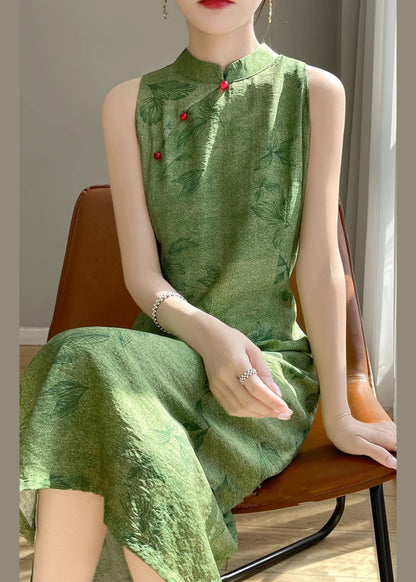 Open Print Silk Dress Long Sleeveless Cotton Side Green New