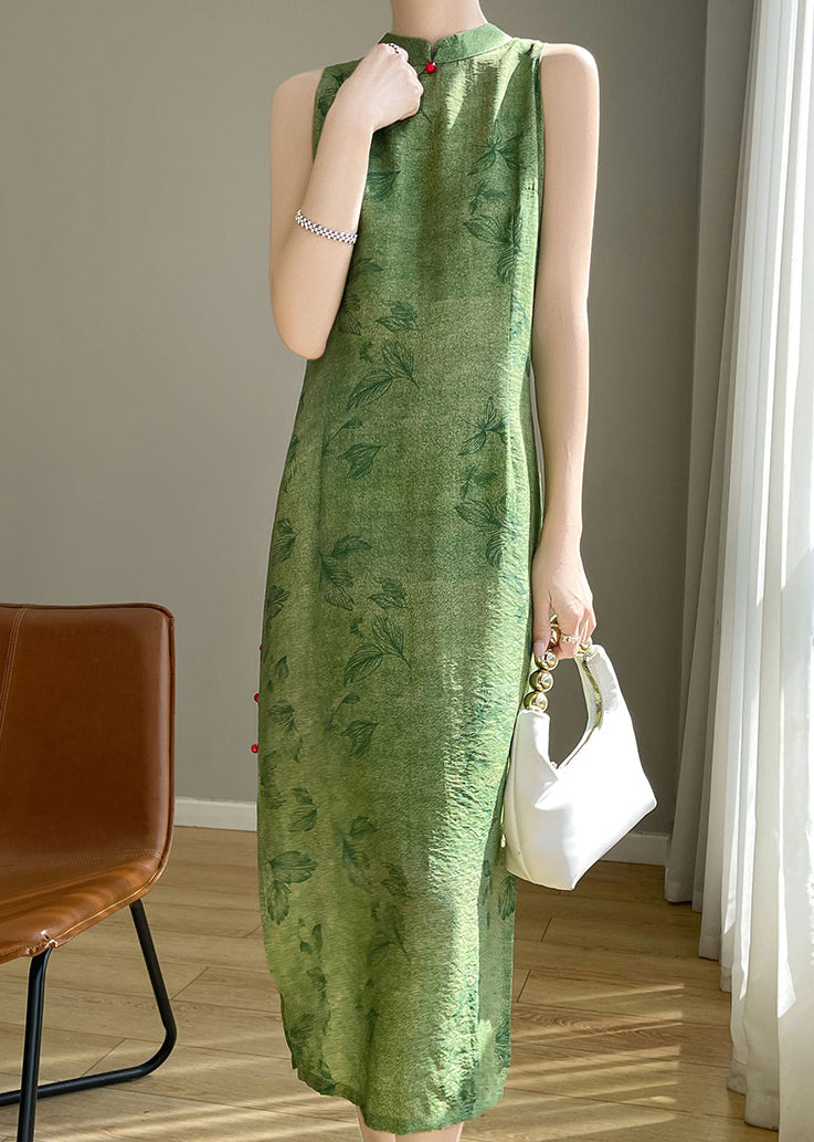 Open Print Silk Dress Long Sleeveless Cotton Side Green New