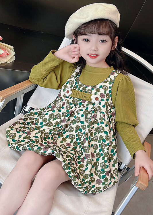 New Green Print Tops And Dress Cotton Girls Two Pieces Set Long Sleeve XZ051