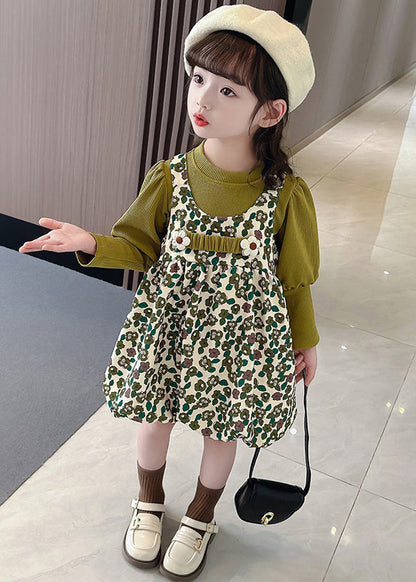 New Green Print Tops And Dress Cotton Girls Two Pieces Set Long Sleeve XZ051