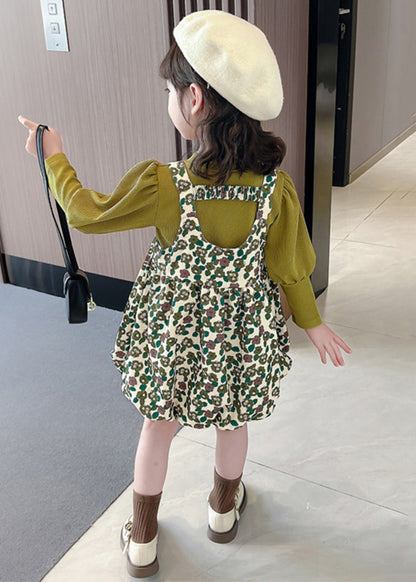 New Green Print Tops And Dress Cotton Girls Two Pieces Set Long Sleeve XZ051