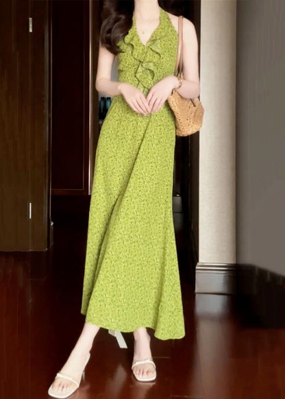 Cotton New Ruffled Dress Print Sleeveless Long Green