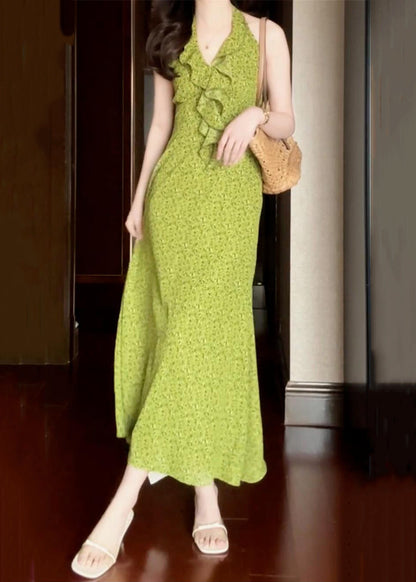 Cotton New Ruffled Dress Print Sleeveless Long Green