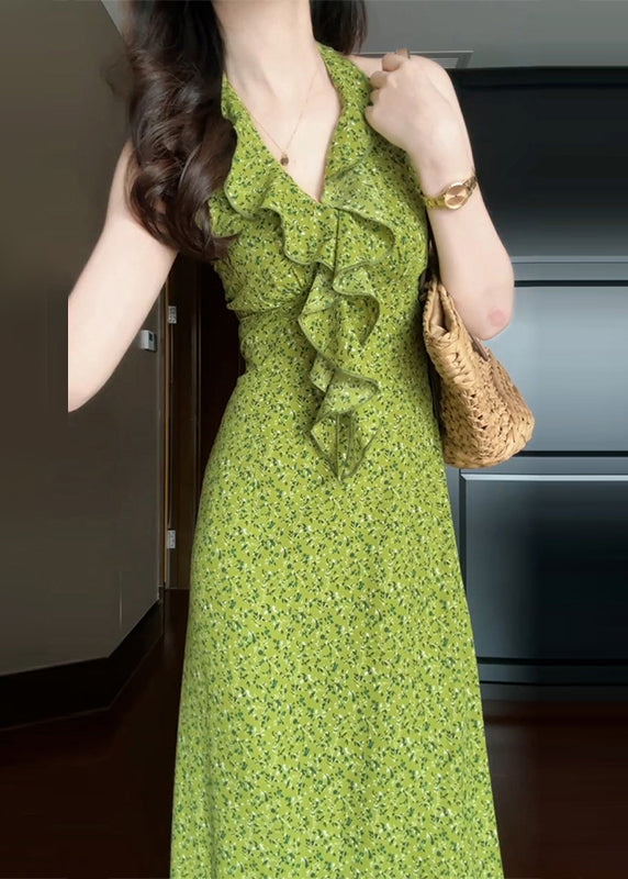 Cotton New Ruffled Dress Print Sleeveless Long Green