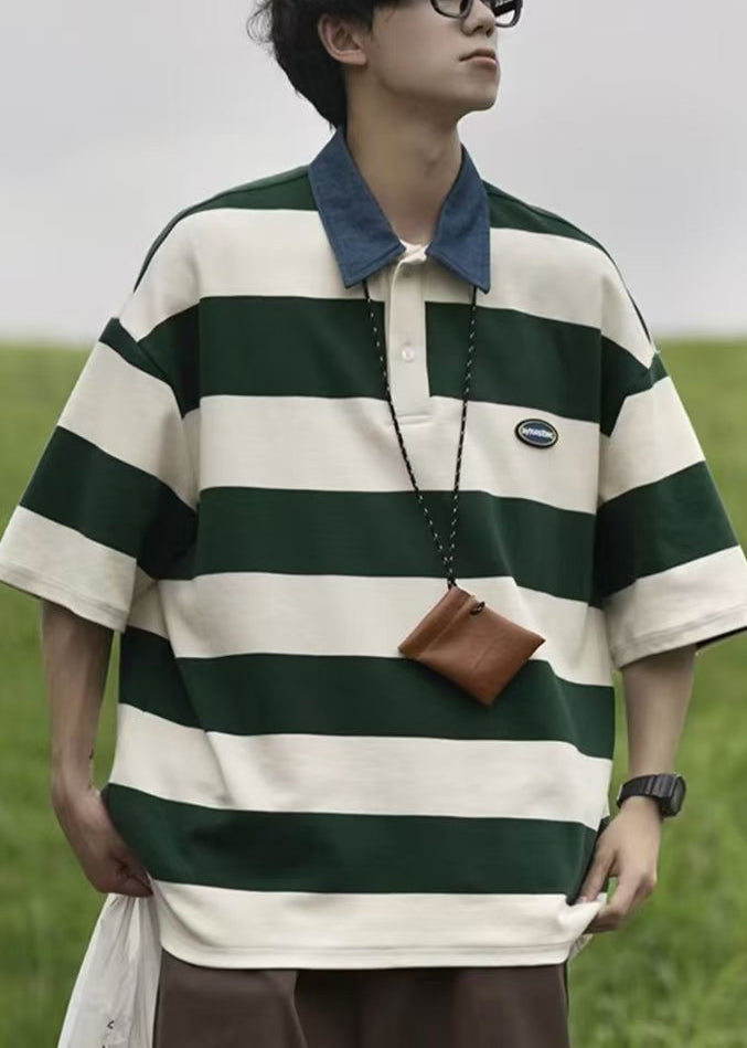 Summer Cotton Polo Striped Men Shirt Button New Green