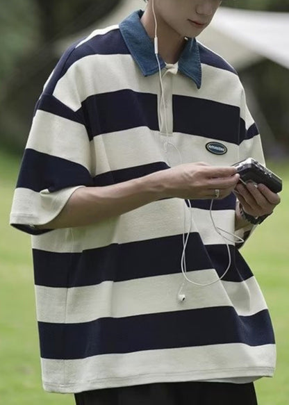 Summer Cotton Polo Striped Men Shirt Button New Green