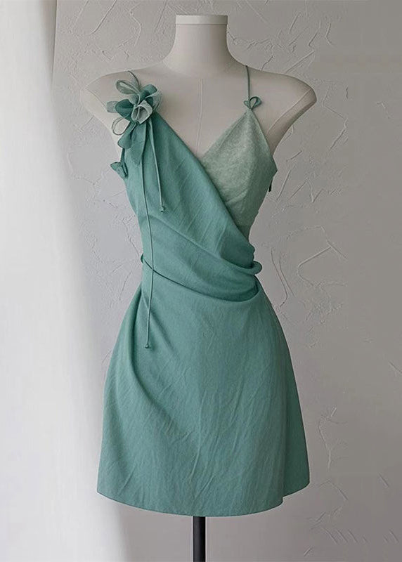 High Strap Green Spaghetti Dress New Neck V Cotton Waist