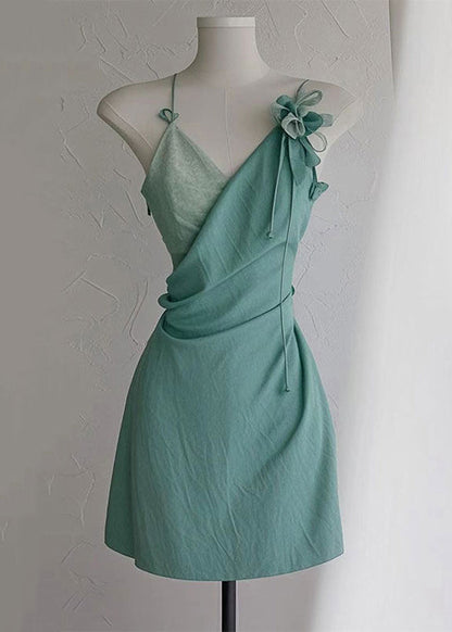 High Strap Green Spaghetti Dress New Neck V Cotton Waist