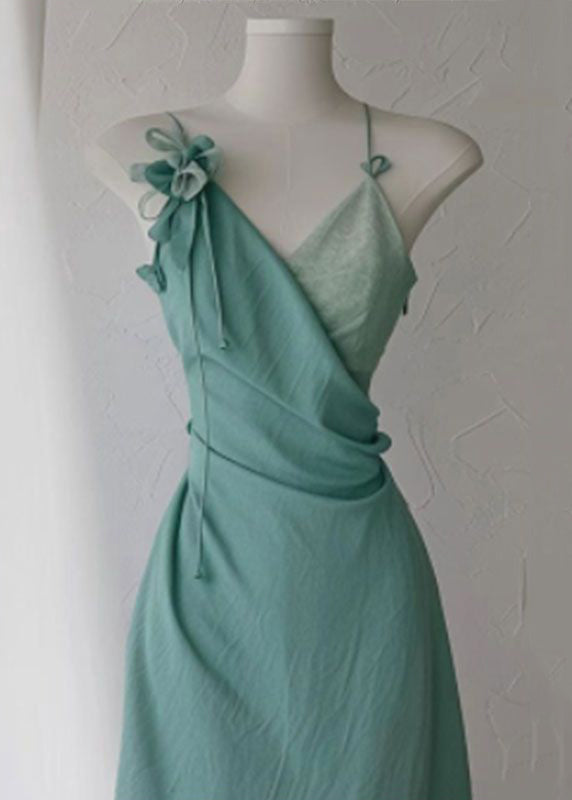 High Strap Green Spaghetti Dress New Neck V Cotton Waist