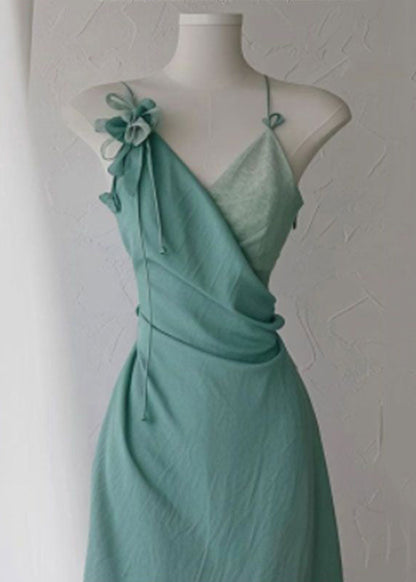 High Strap Green Spaghetti Dress New Neck V Cotton Waist
