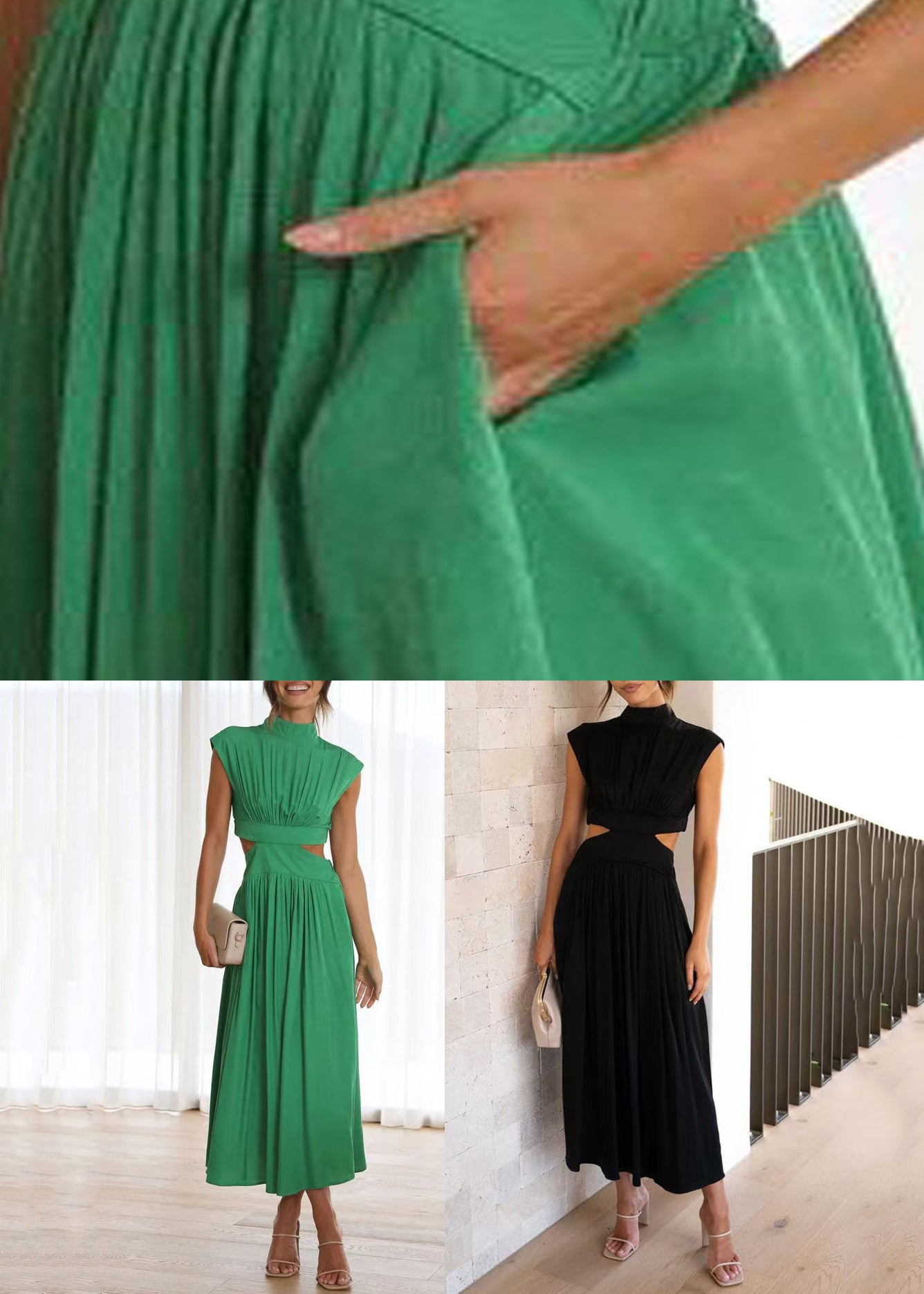Out Summer Dress Wrinkled Long Green Cotton Hollow New