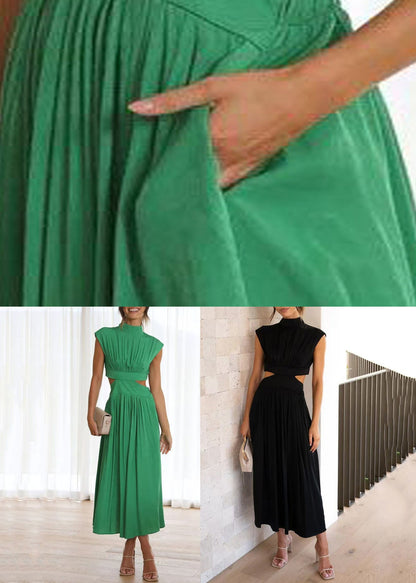 Out Summer Dress Wrinkled Long Green Cotton Hollow New