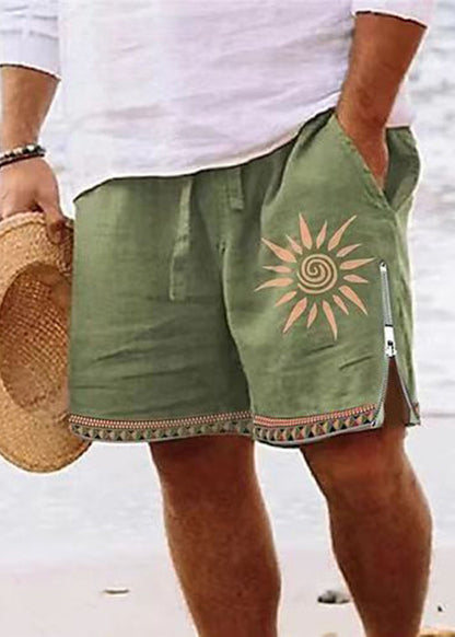 Cotton Zip Men Up New Summer Shorts Waist Print Green Elastic