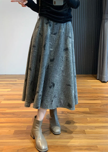 Grey Skirt Embroidered High Waist Woolen New Spring