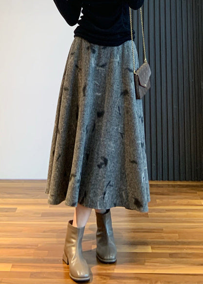 Grey Skirt Embroidered High Waist Woolen New Spring