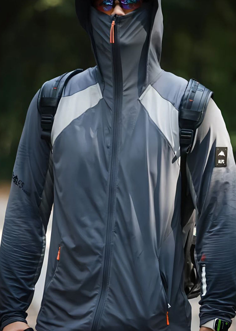 Grey Hooded Mens Coat Silk Ice Zippered New Patchwork 50+ UPF