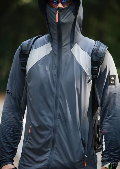 Grey Hooded Mens Coat Silk Ice Zippered New Patchwork 50+ UPF