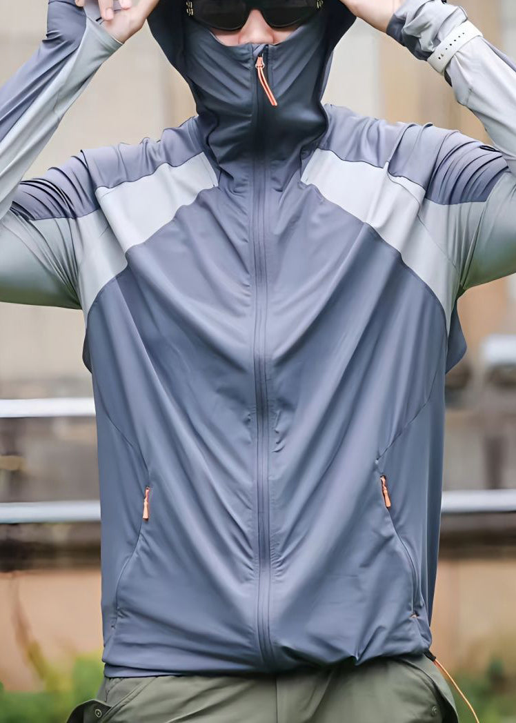 Grey Hooded Mens Coat Silk Ice Zippered New Patchwork 50+ UPF