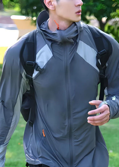 Grey Hooded Mens Coat Silk Ice Zippered New Patchwork 50+ UPF