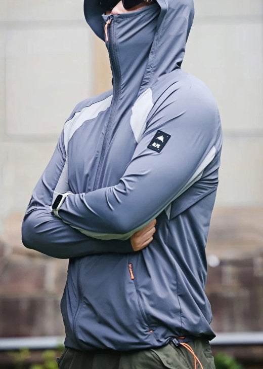 Grey Hooded Mens Coat Silk Ice Zippered New Patchwork 50+ UPF