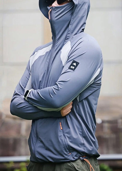 Grey Hooded Mens Coat Silk Ice Zippered New Patchwork 50+ UPF