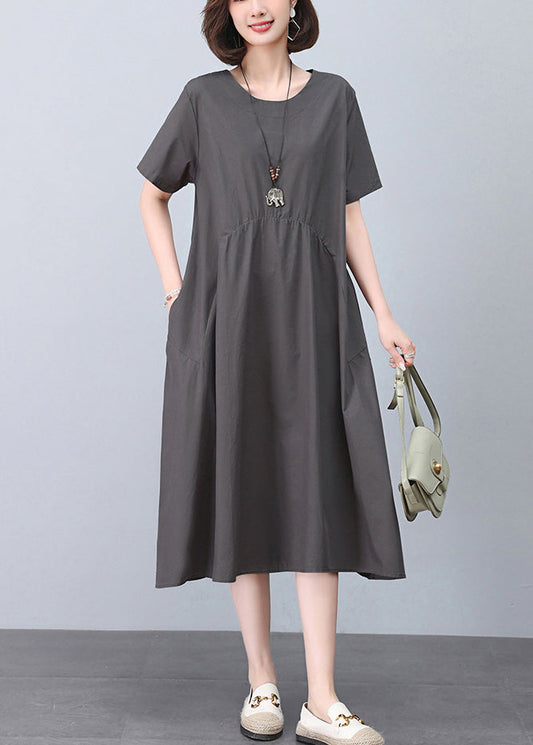 New Grey O Neck Pockets Cotton Dresses Summer MN052