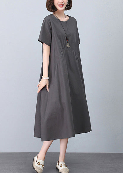 New Grey O Neck Pockets Cotton Dresses Summer MN052