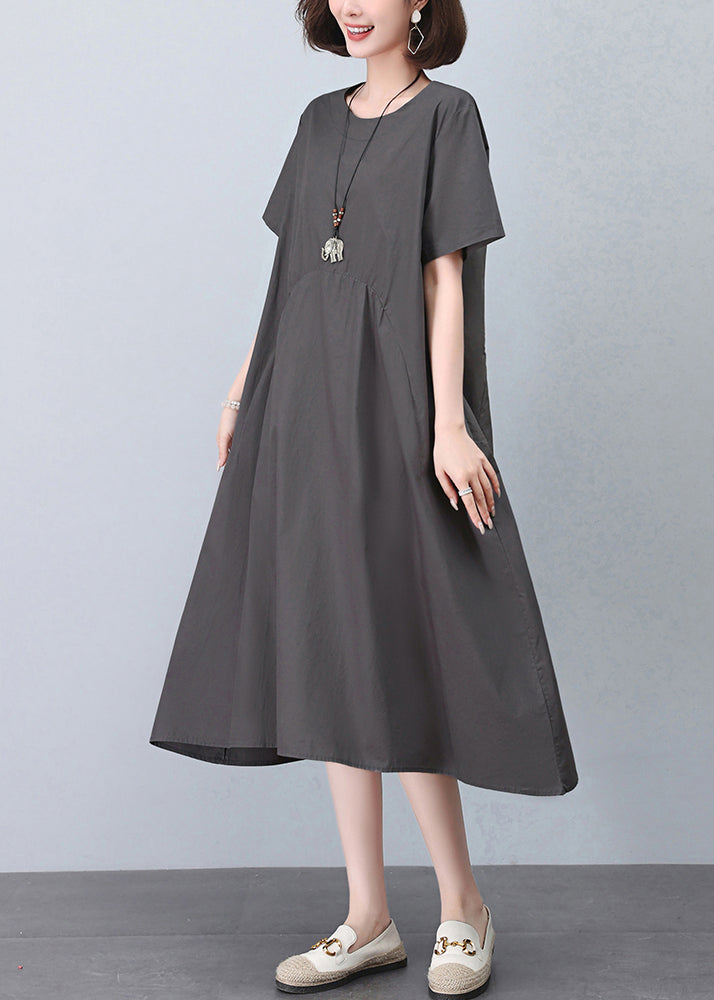 New Grey O Neck Pockets Cotton Dresses Summer MN052