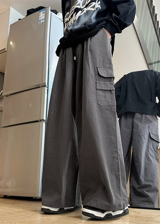 New Summer Mens Cotton Pockets Waist Elastic Pants Grey