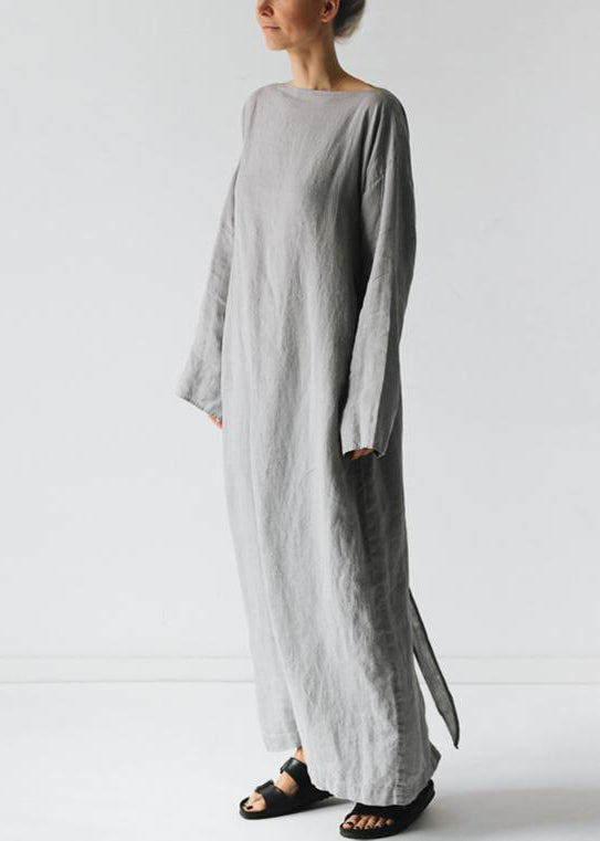 New Grey Solid Tie Waist Cotton Long Dress Long Sleeve FF042