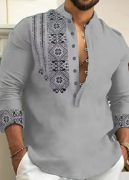 Stand Cotton Men's New Print Grey Fall Collar Shirts