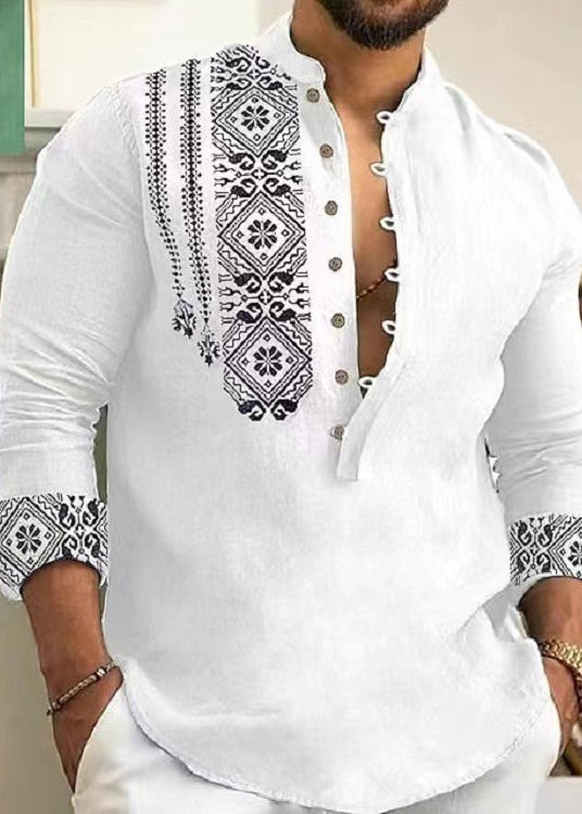 Stand Cotton Men's New Print Grey Fall Collar Shirts